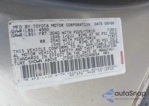 2000 Lexus Rx 300 from USA, damaged, VIN JT6GF10U9Y0048654